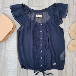 Hollister Navy Blue Capsleeve Button Down Chiffon Sheer Blouse Size Small